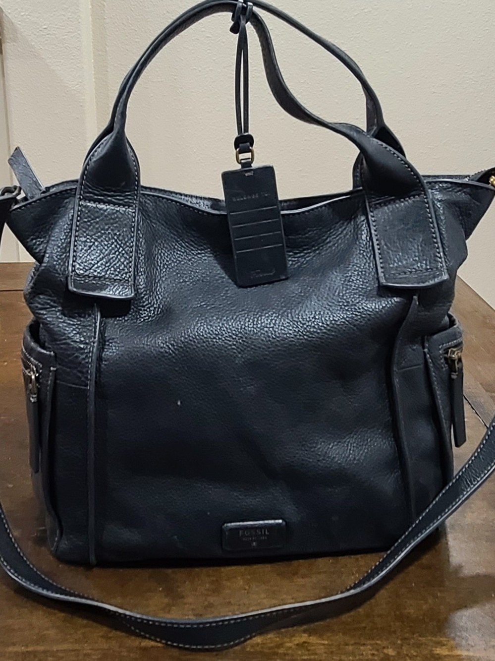 Fossil Emerson Large Satchel Black Pebbled Cowhide Leather